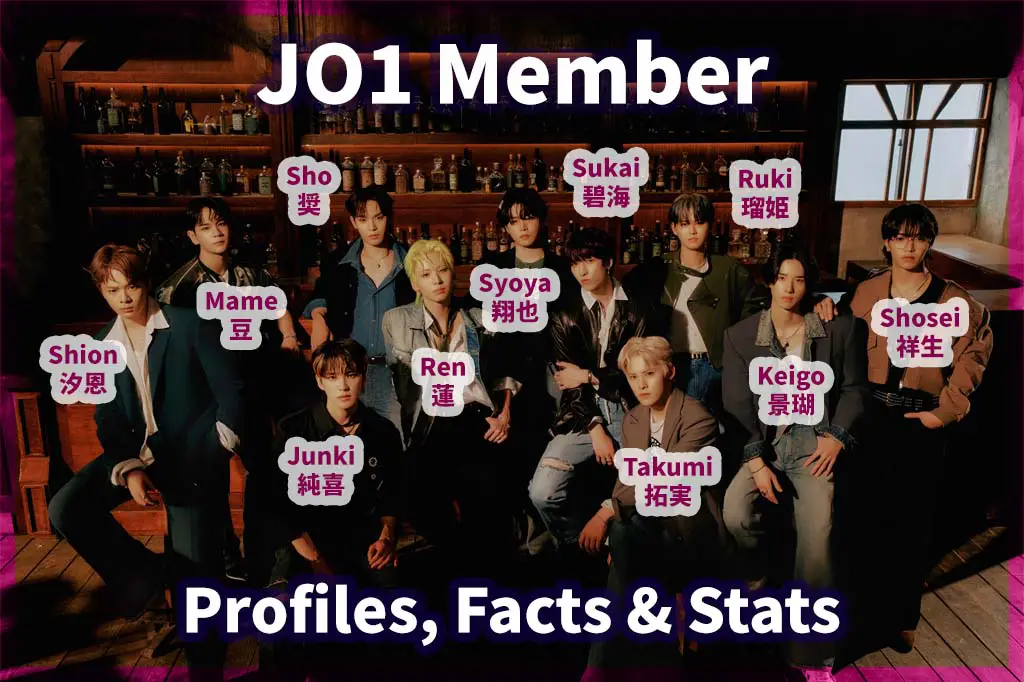 JO1 Member Profiles, Facts & Stats: Junki (純喜, じゅんき), Keigo (景瑚, けいご), Mame (豆, まめ), Ren (蓮, れん), Ruki (瑠姫, るき), Shion (汐恩, しおん), Sho (奨, しょう), Shosei (祥生, しょうせい), Sukai (碧海, すかい), Syoya (翔也, しょうや), Takumi (拓実, たくみ)